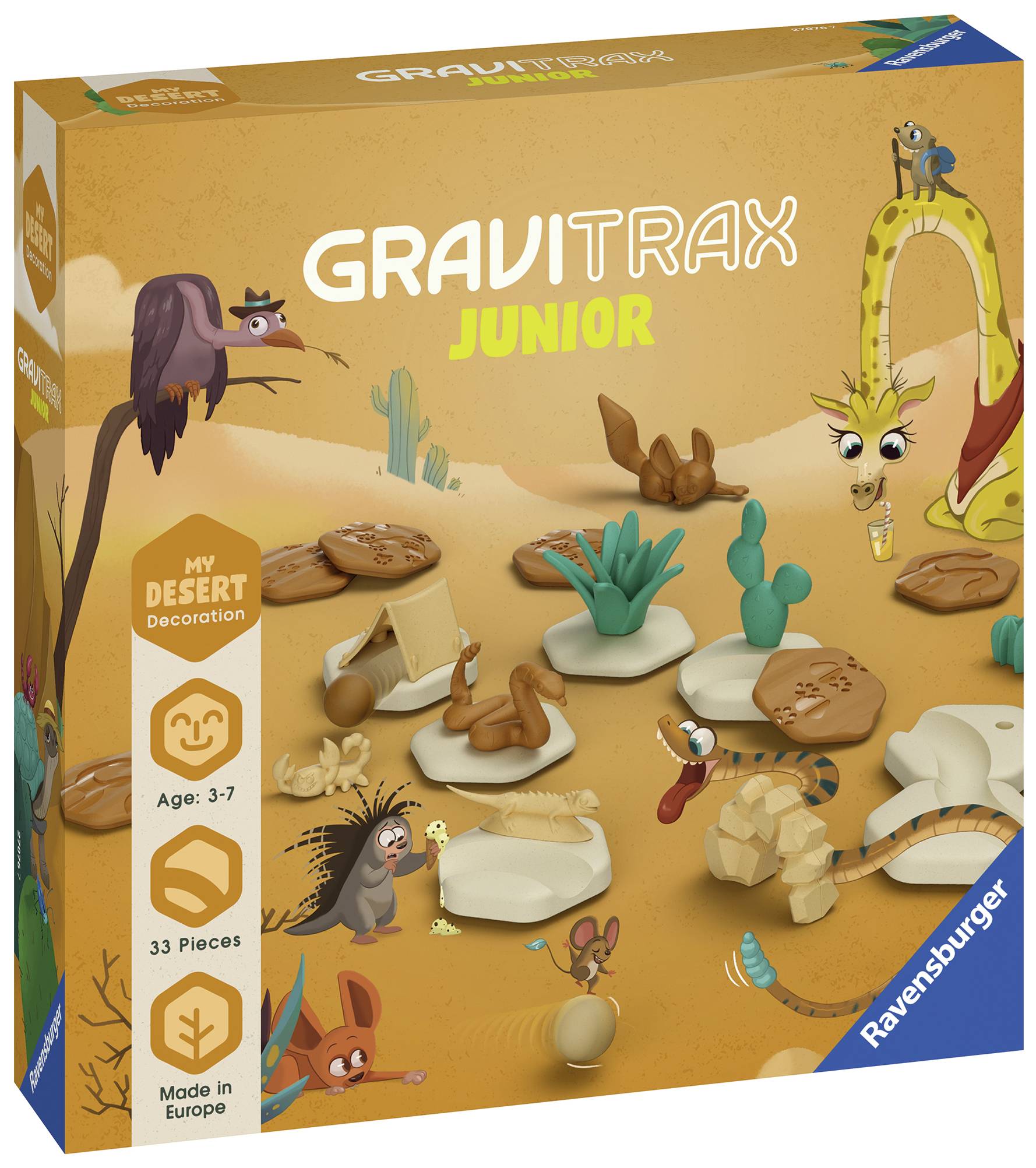 Balenie sady Ravensburger GraviTrax Junior s púštnou dekoráciou. Obsahuje 33 dielov pre deti vo veku od 3 do 7 rokov.