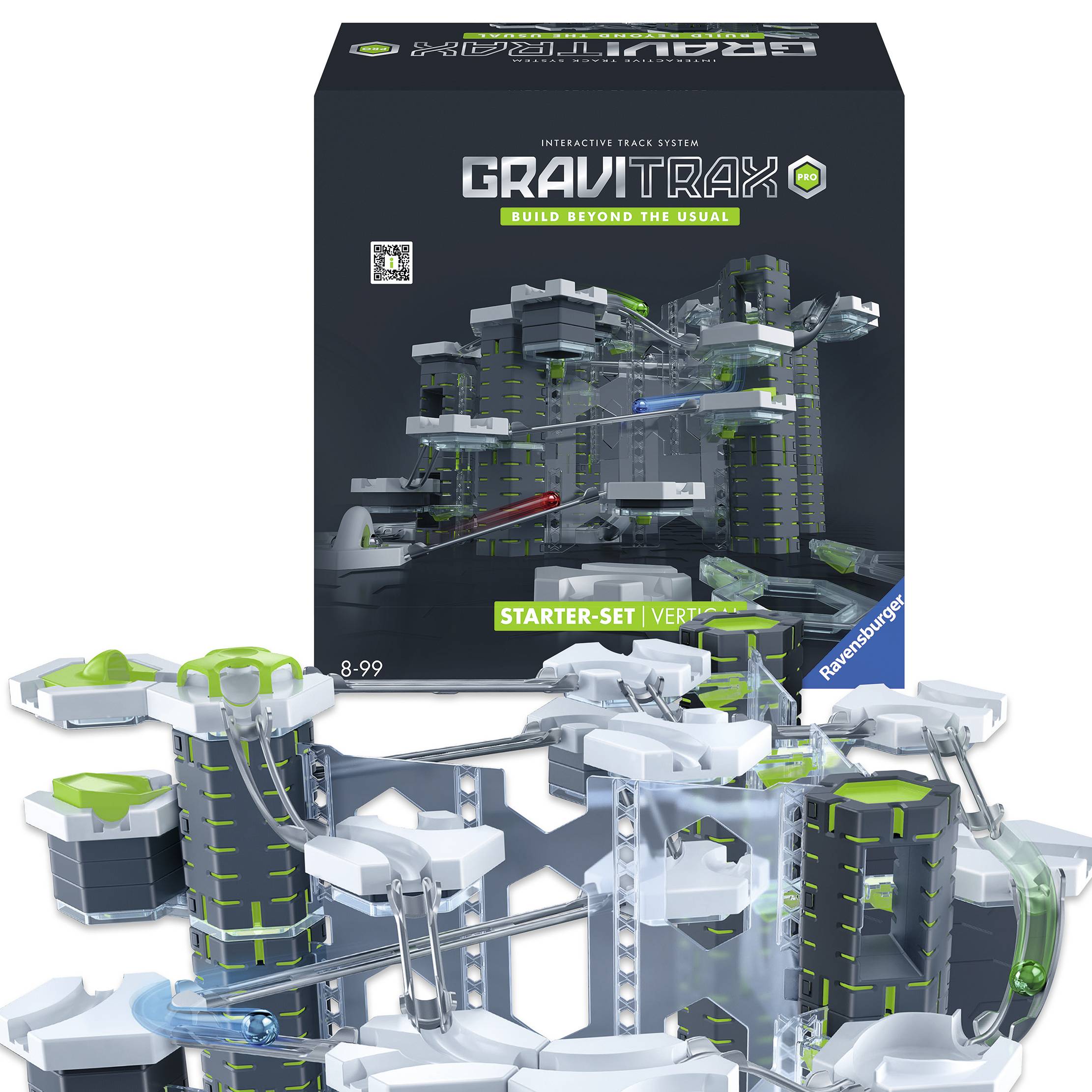 Súprava 'GraviTrax Štartovacia sada Vertikál' zobrazuje rôzne moduly a veže pre guľôčkovú dráhu, ktoré umožňujú vytvorenie 3D guľôčkovej dráhy.