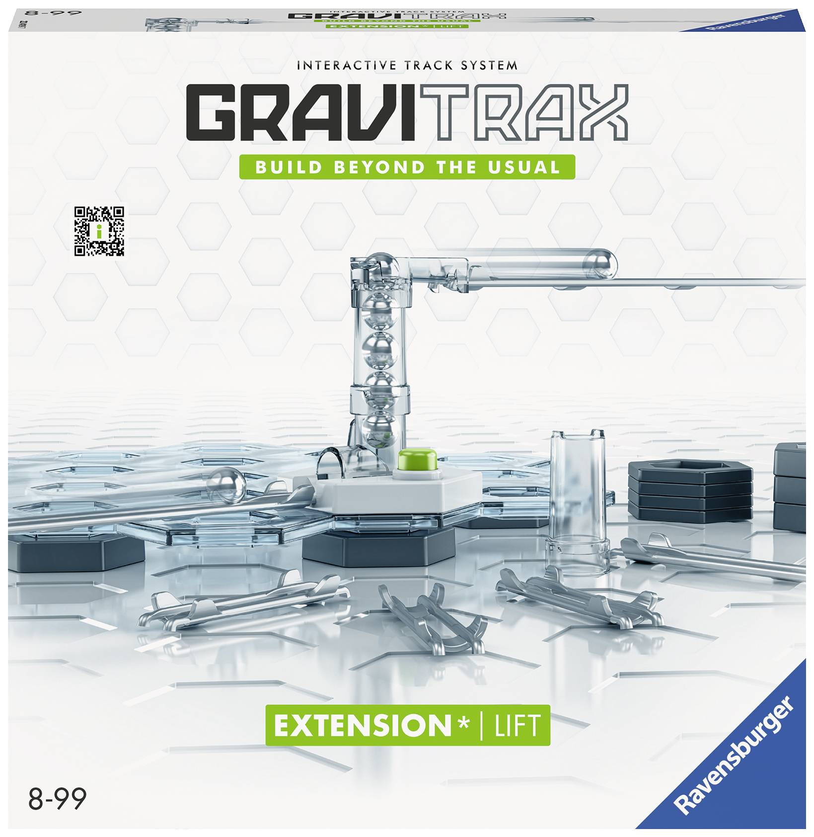 Obal 'GraviTrax Rozšírenie Lift' od Ravensburger, zobrazujúci pákový systém na geometrickom pozadí, určený pre deti od 8 rokov.