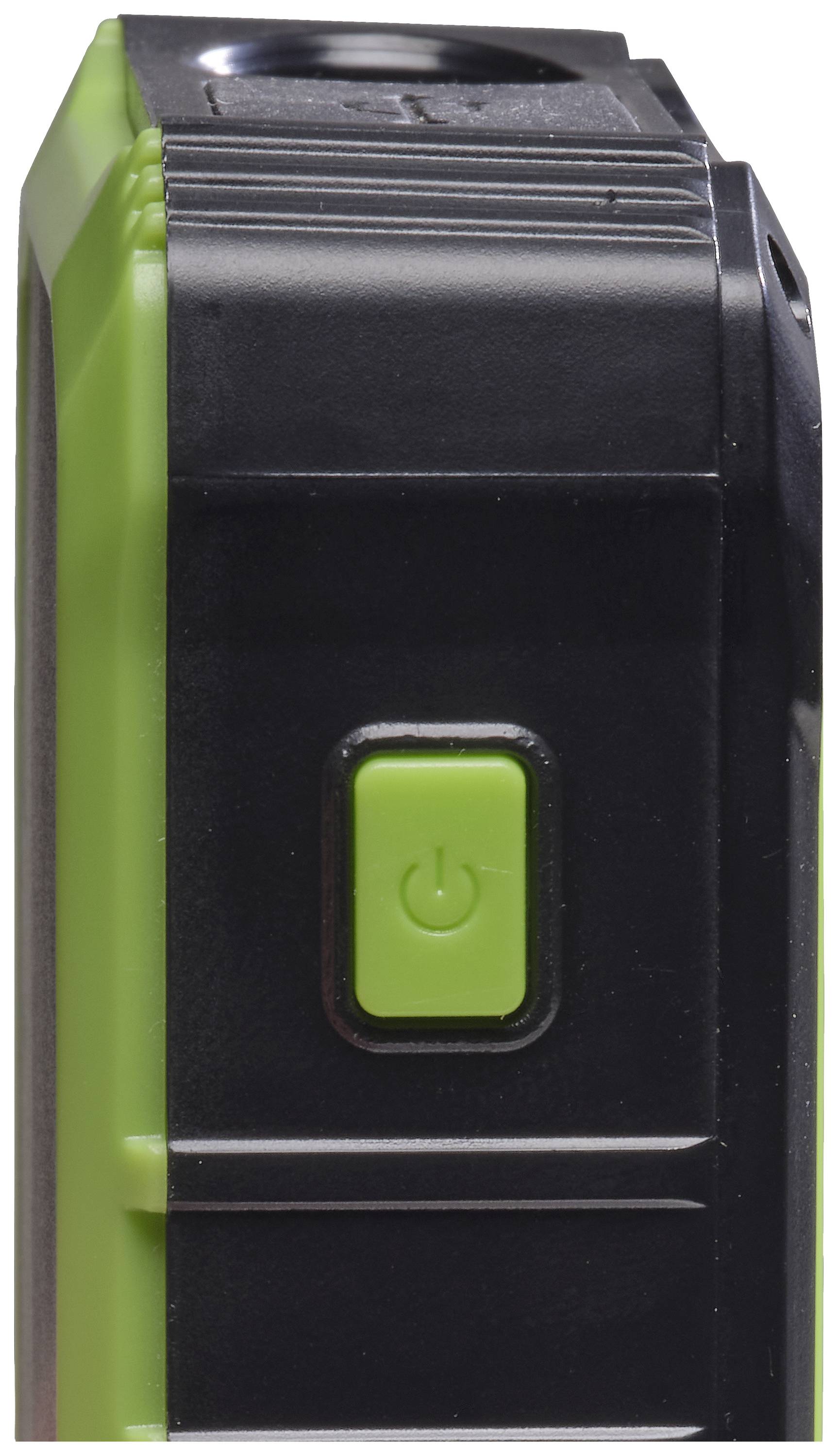 Pohľadový náčrt elektronického zariadenia so zeleným vypínačom. Kryt je prevažne čierny so zelenými prvkami.