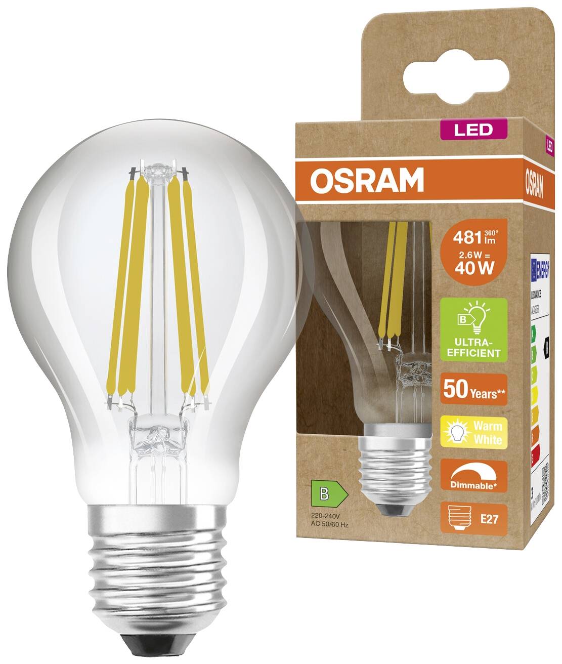 LED žiarovka značky Osram, náhrada za 40W, 481 lm, E27, 2700K. Balenie zobrazuje triedu energetickej účinnosti B, teplé biele svetlo, stmievateľná.