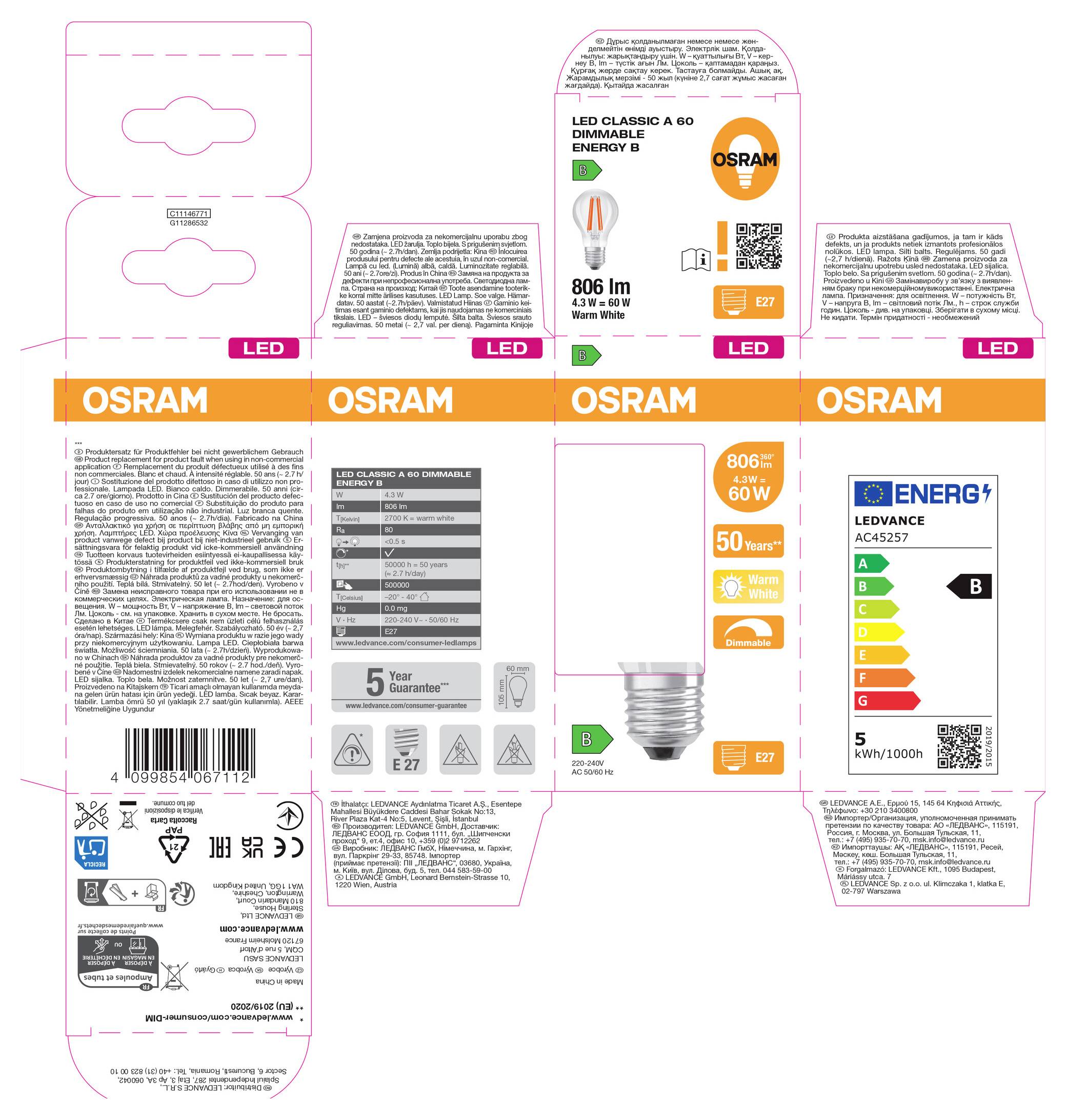 OSRAM LED Classic A60 obal so schémou ohybu s fotografiou produktu, 806 lm, 4,3 W, stmievateľný, pätica E27 a energetický štítok s triedou B.