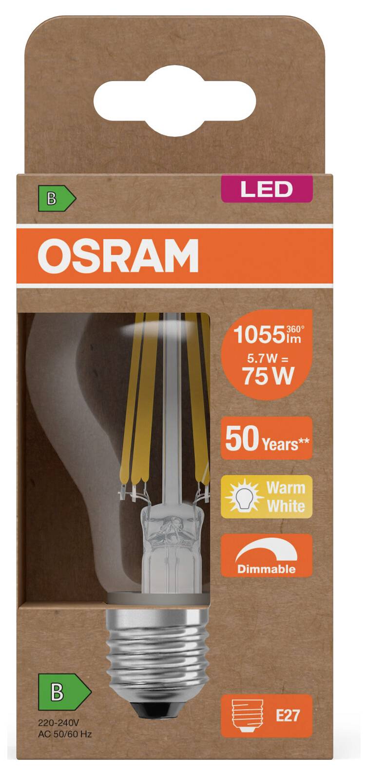 Balík LED žiarovky OSRAM, teplá biela, stmievateľná, zástrčka E27, 5,7W ekvivalent 75W, 1055 lúmenov, 50 000 hodín, energetická trieda B.
