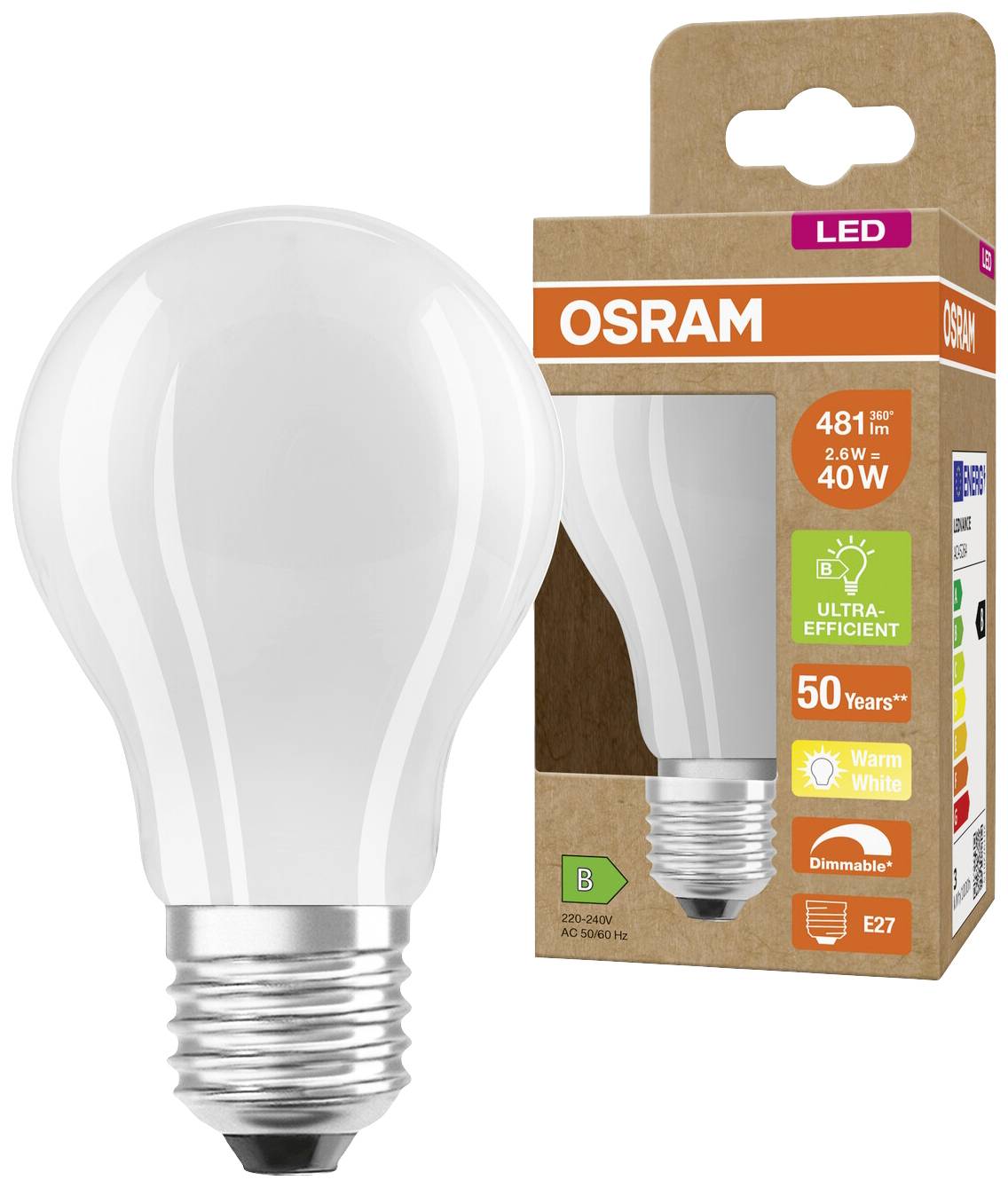 LED žiarovka značky OSRAM v obale. LED, 481 lm, 2,6 W nahrádza 40 W, teplá biela, stmievateľná, energetická trieda B, pätica E27.