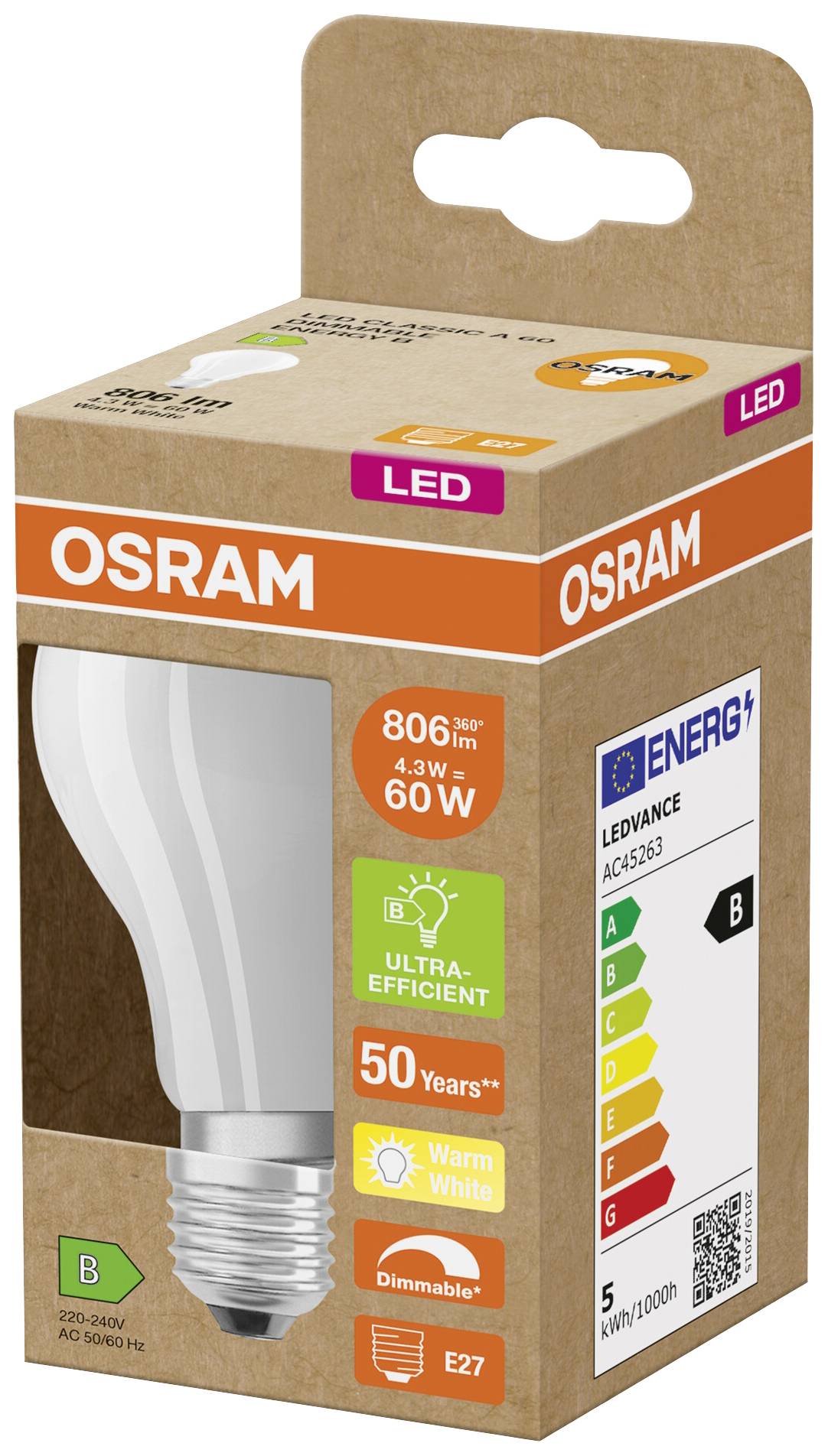 LED-lampa od Osramu v obale, 806 lm, 4,3 W nahrádza 60 W, pätica E27, teplá biela, stmievateľná, energetická trieda B.