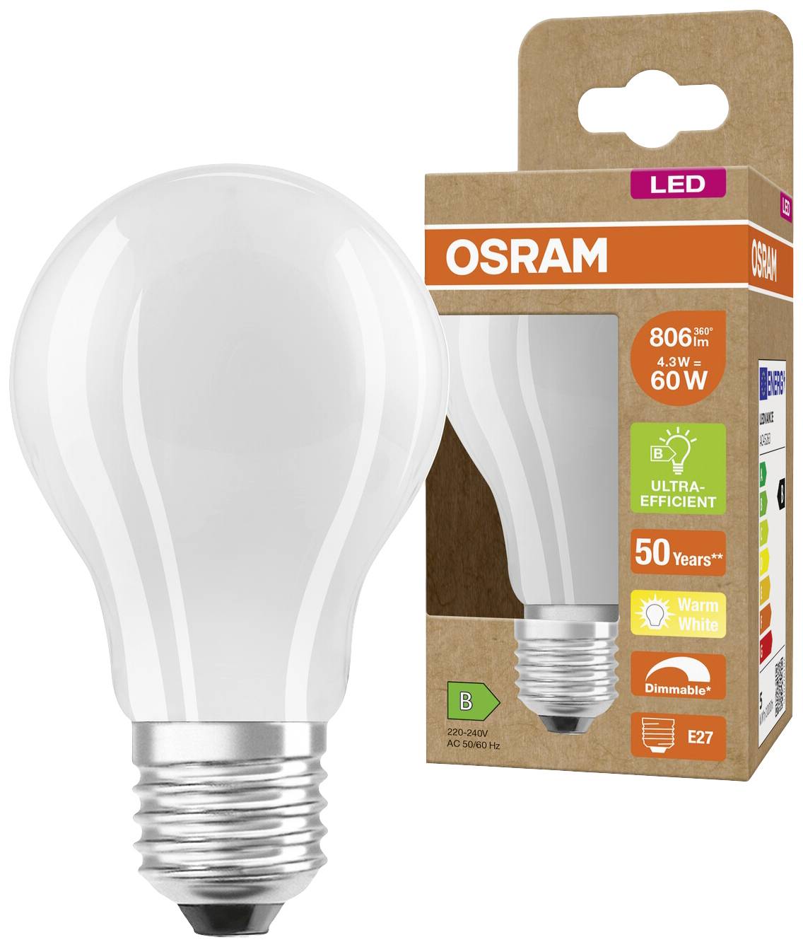 LED žiarovka od OSRAMu, 806 lúmenov, 4,3 W, zodpovedá 60 W, teplá biela, stmievateľná, energetická trieda B, životnosť 25 rokov.