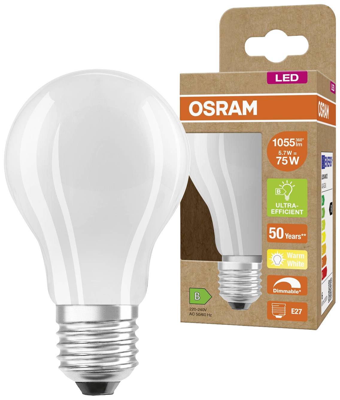 LED žiarovka od OSRAM pred balením. Označenie: 1055 lúmenov, 75 W, teplá biela, stmievateľná, energetická trieda B.