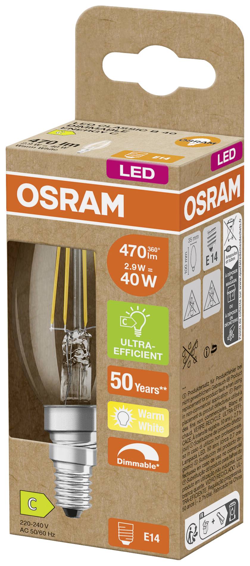 LED žiarovka v obale. Značka: OSRAM, Výkon: 2,9 W (zodpovedá 40 W), 470 lúmenov, pätica E14, teplá biela, stmievateľná, energeticky úsporná.