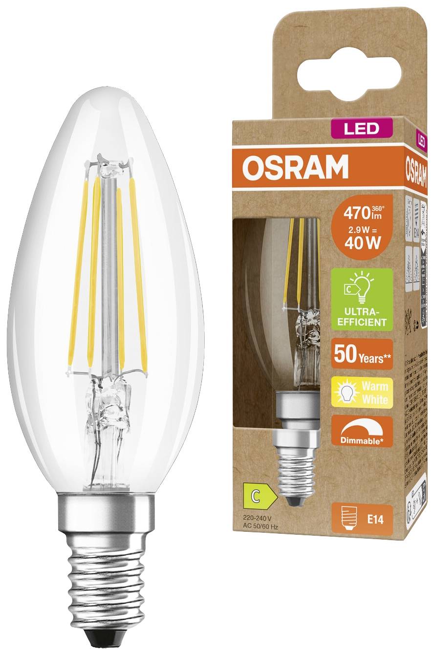 LED žiarovka vedľa obalu. Text na obale: 'OSRAM', '470 lm', '2,9W', '40W', 'Ultra-efektívna', 'Stmievateľná', 'Teplá biela', '50 rokov'.