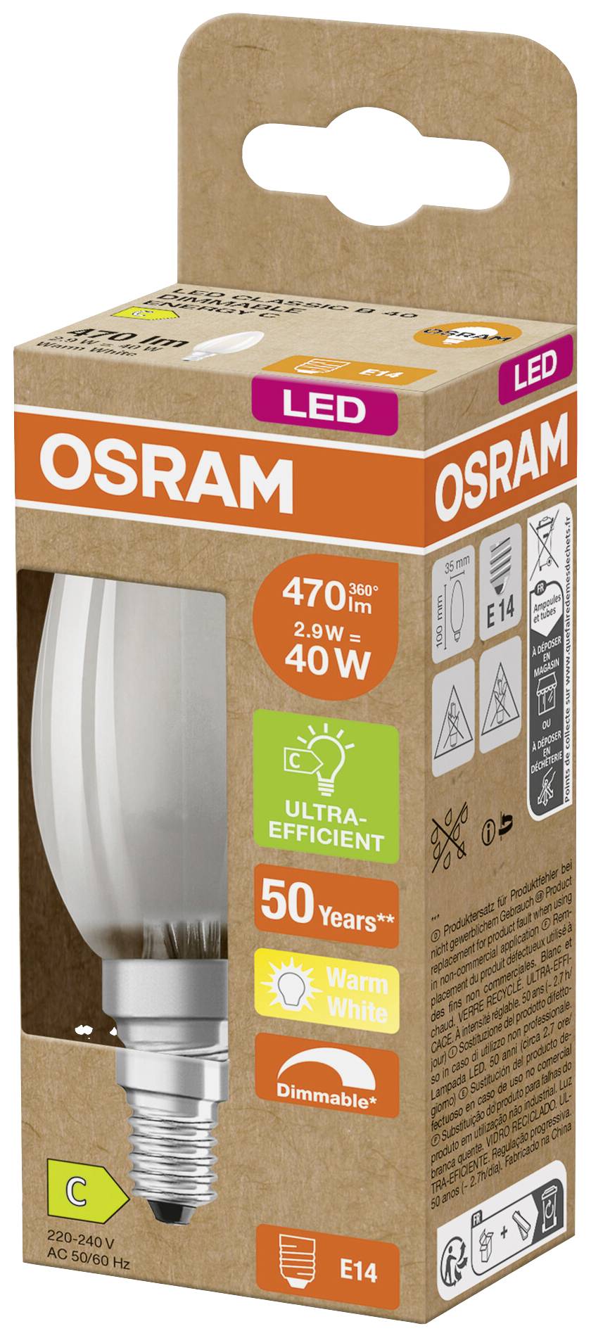 LED žiarovka od Osramu v balení, 470 lúmenov, 2,9 W zodpovedá 40 W, teplá biela, stmievateľná, životnosť 50 rokov, energetická trieda C.