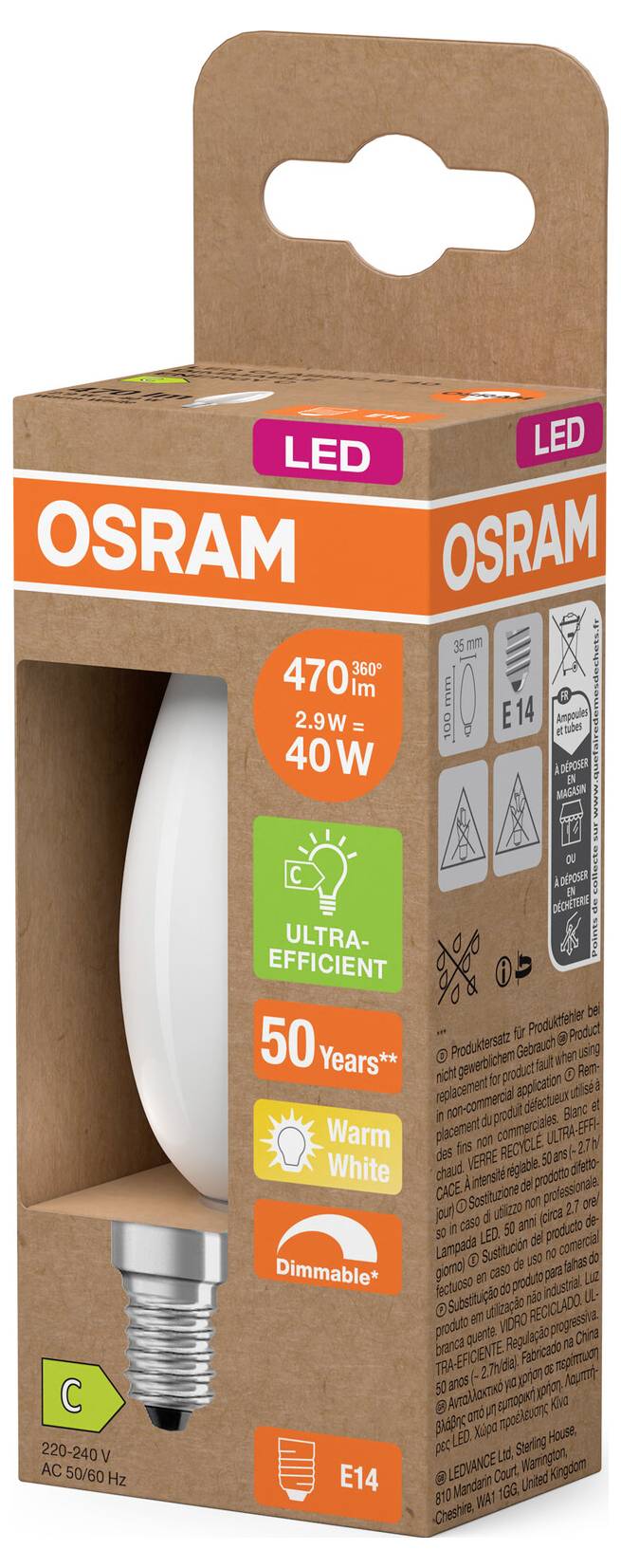 OSRAM LED žiarovka maloobchodné balenie, označená ako ekvivalent 40W, teplá biela, stmievateľná, pätica E14, ultra-efektívna a životnosť 50 rokov.