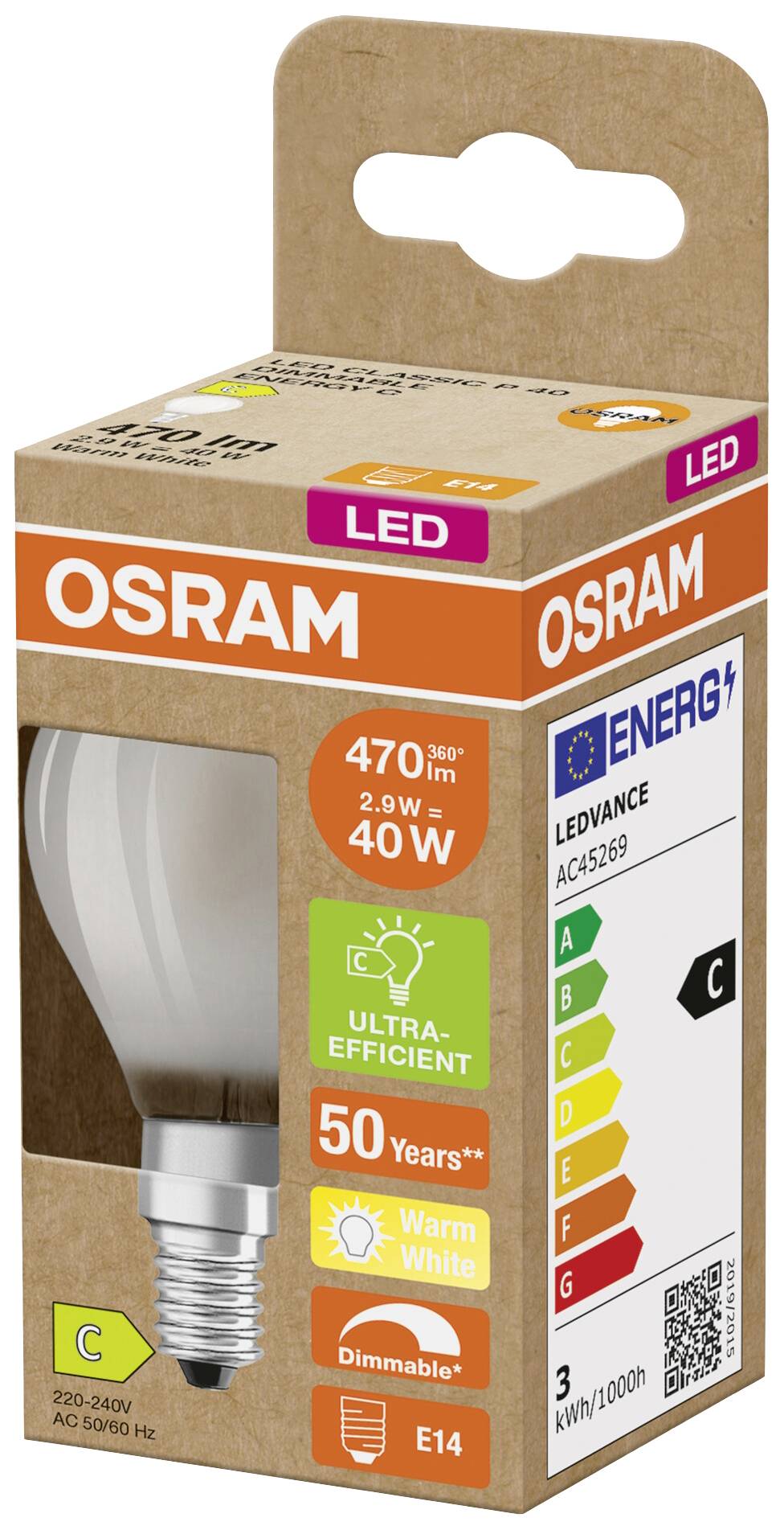 LED žiarovka Osram, 470 lúmenov, 2,9 W, energetická trieda C, teplá biela, stmievateľná, pätica E14, životnosť 50 rokov