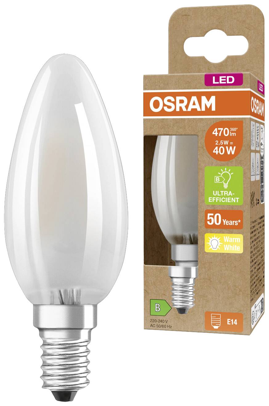 LED-lampa od Osramu v tvare sviečky, svieti teplou bielou farbou, pätica E14, ekvivalentná 40W, úsporná s 470 lúmenmi a výkonom 2,5W.