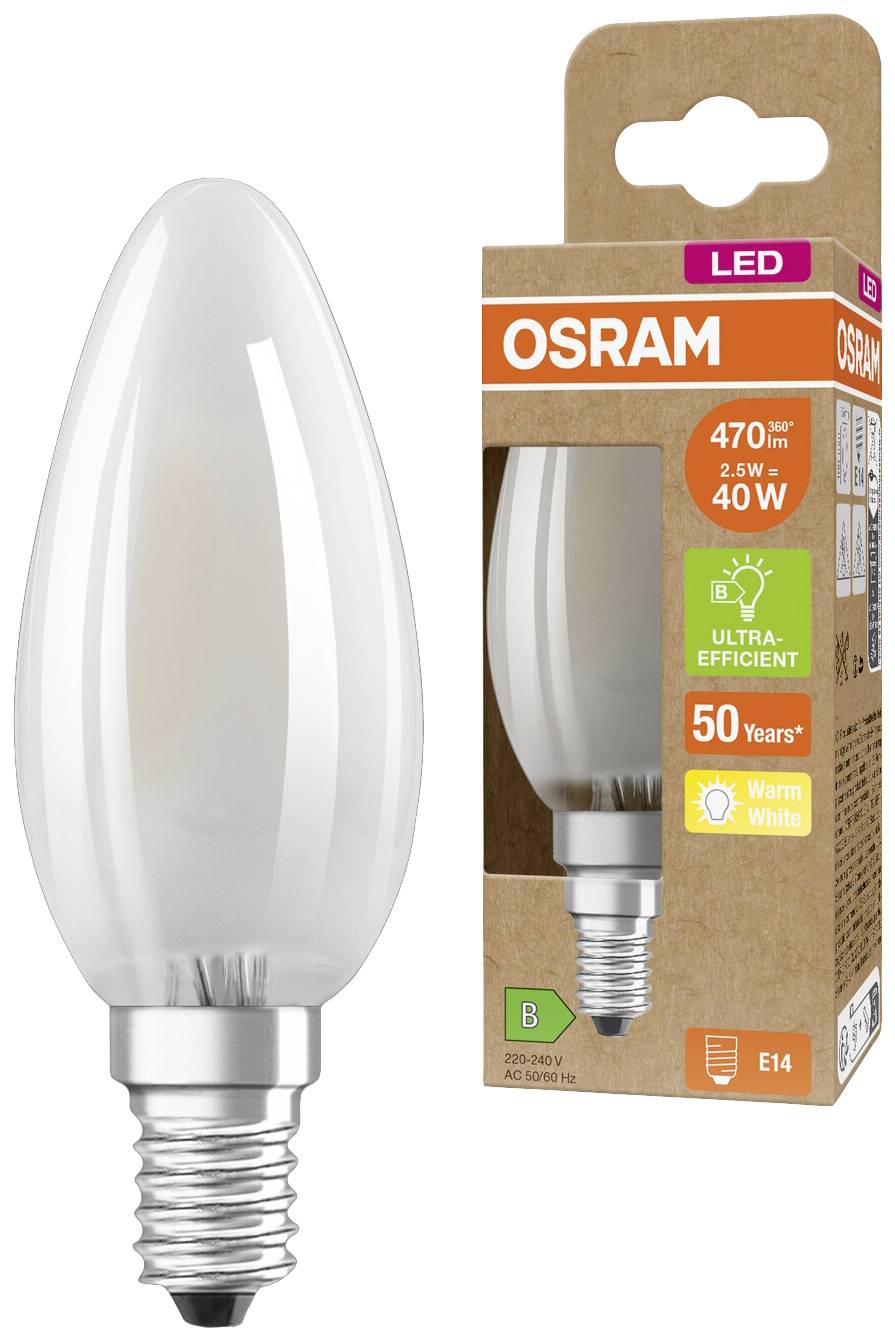 LED žiarovka a obal od OSRAM; 470 lúmenov, 2,5 W nahrádza 40 W, ultra vysoko účinná, teplá biela, pätica E14; energetická trieda B.
