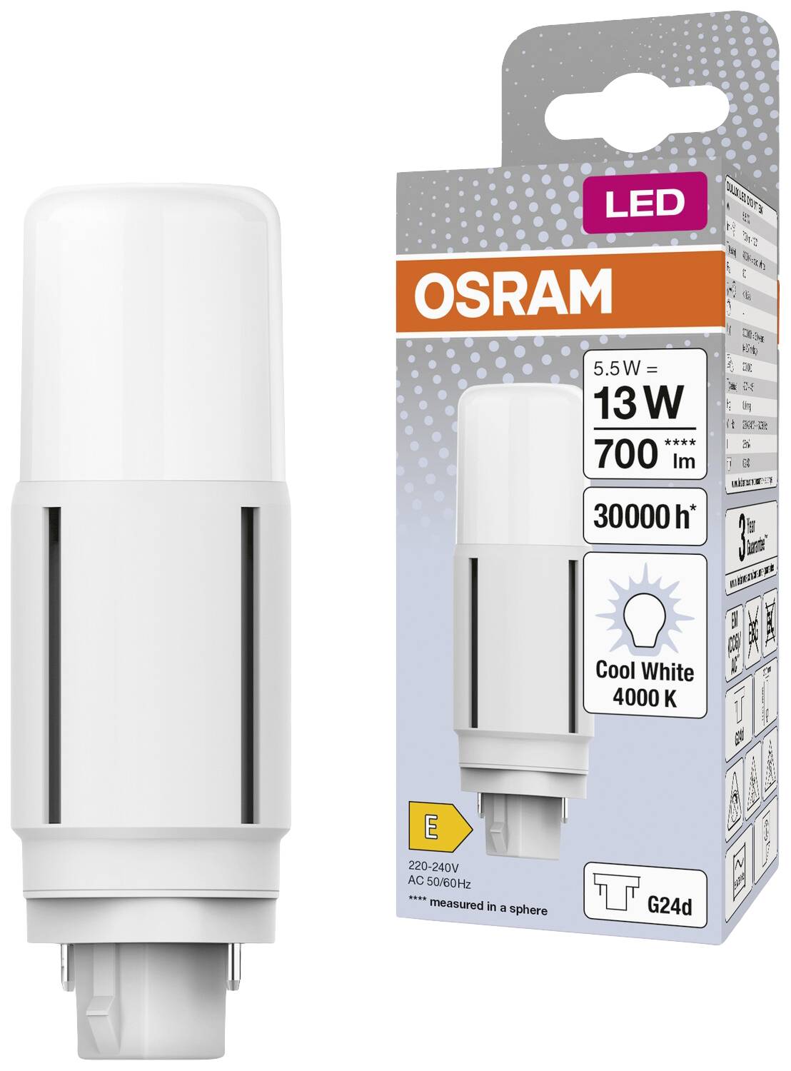 LED žiarovka od OSRAMu s výkonom 5,5 W, ekvivalent 13 W, 700 lúmenov, životnosť 30 000 hodín, studená biela pri 4000K.