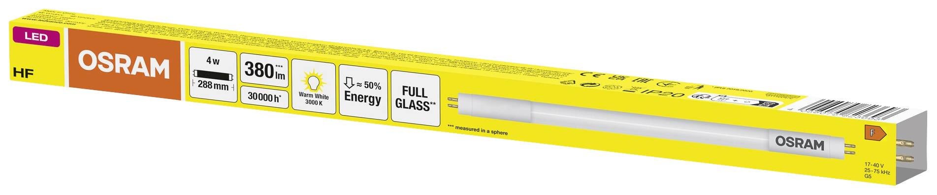 Žltý obal LED trubice OSRAM. Tlačené údaje uvádzajú: LED, HF, 4W, 370 lm, 3000K, 20 000 h, úspora energie, plné sklo.