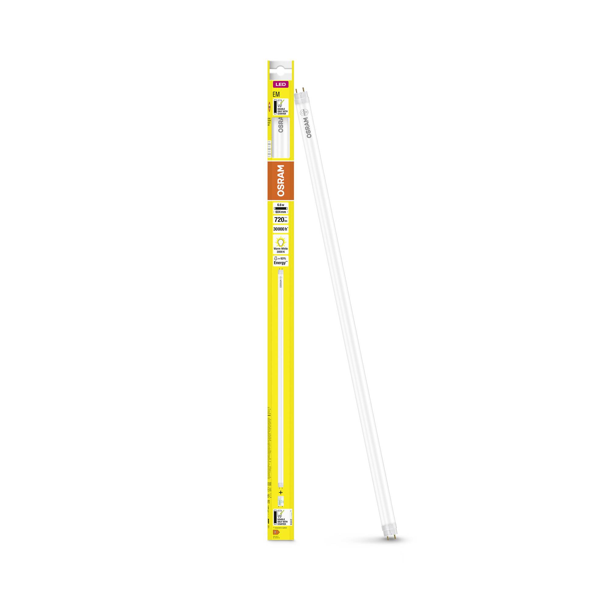 Kartónový obal pre LED trubicu značky Philips, model CorePro LEDtube, v bielej a žltej farbe. Tvar trubice a dizajn obalu sú zreteľne viditeľné.