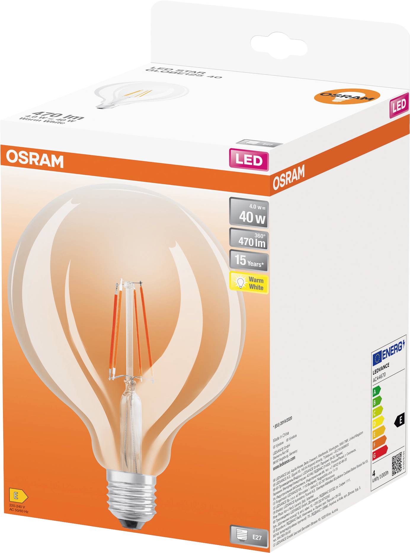 LED žiarovka Osram s výkonom 40W, svietivosťou 470 lumenov a energetickou triedou E, prezentovaná v oranžovom dizajne s obrázkom produktu.