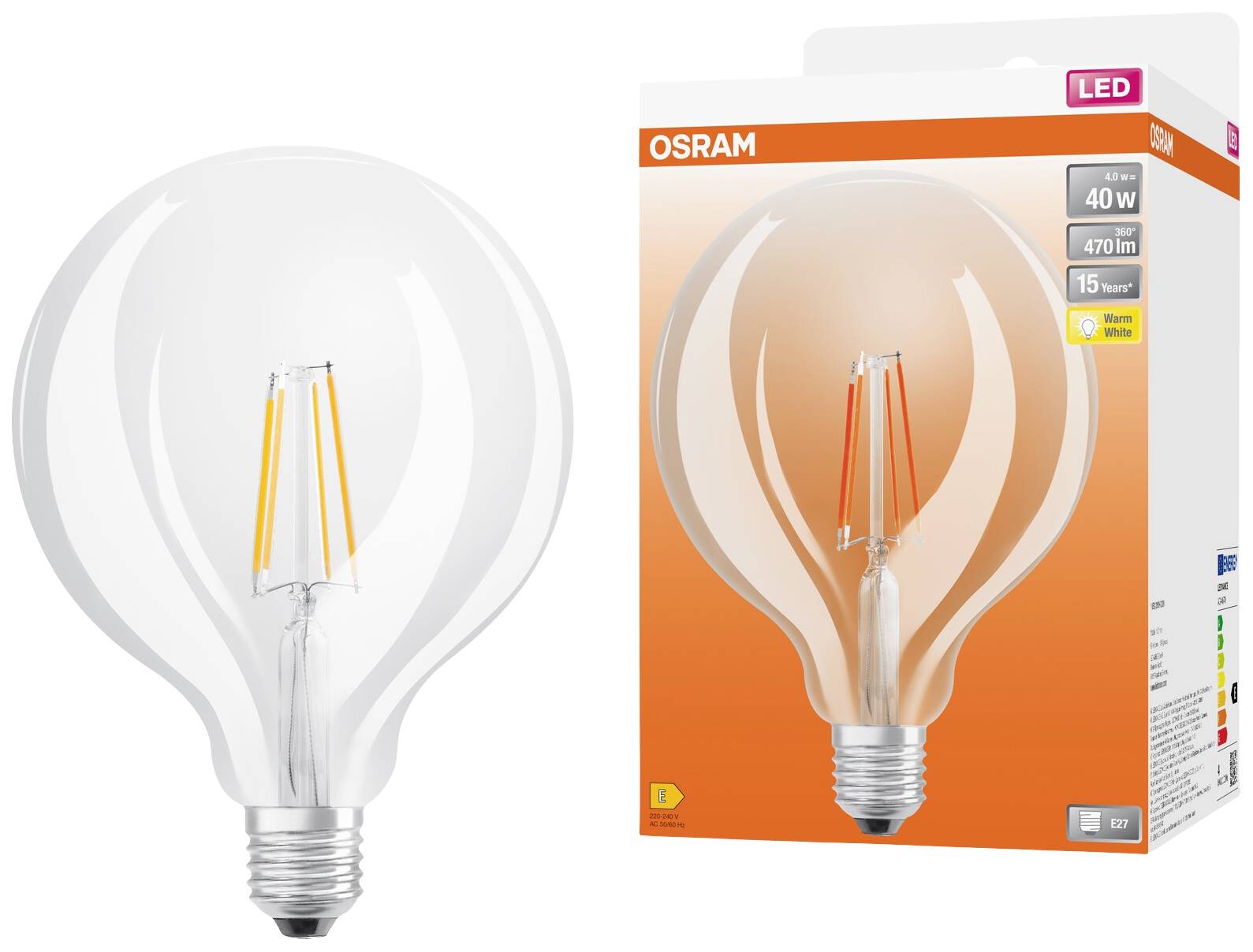Žiarovka a obal. OSRAM LED, 40W, 470 lm, teplá biela. Úsporná, E27. Produktová prezentácia zobrazuje dizajn a balenie.