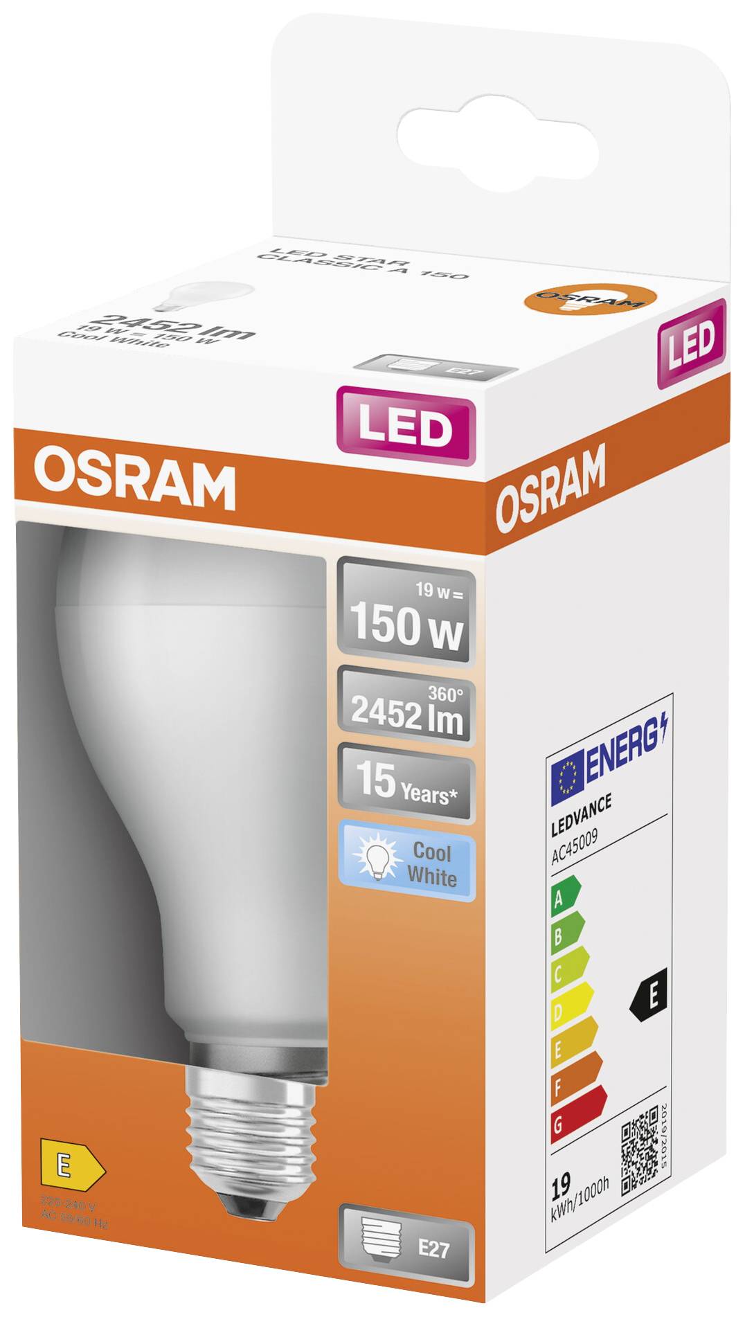 OSRAM LED žiarovka 19W zodpovedá 150W, 2452 lúmenov, životnosť 15 rokov, pätica E27, energetická trieda E, studené biele svetlo.