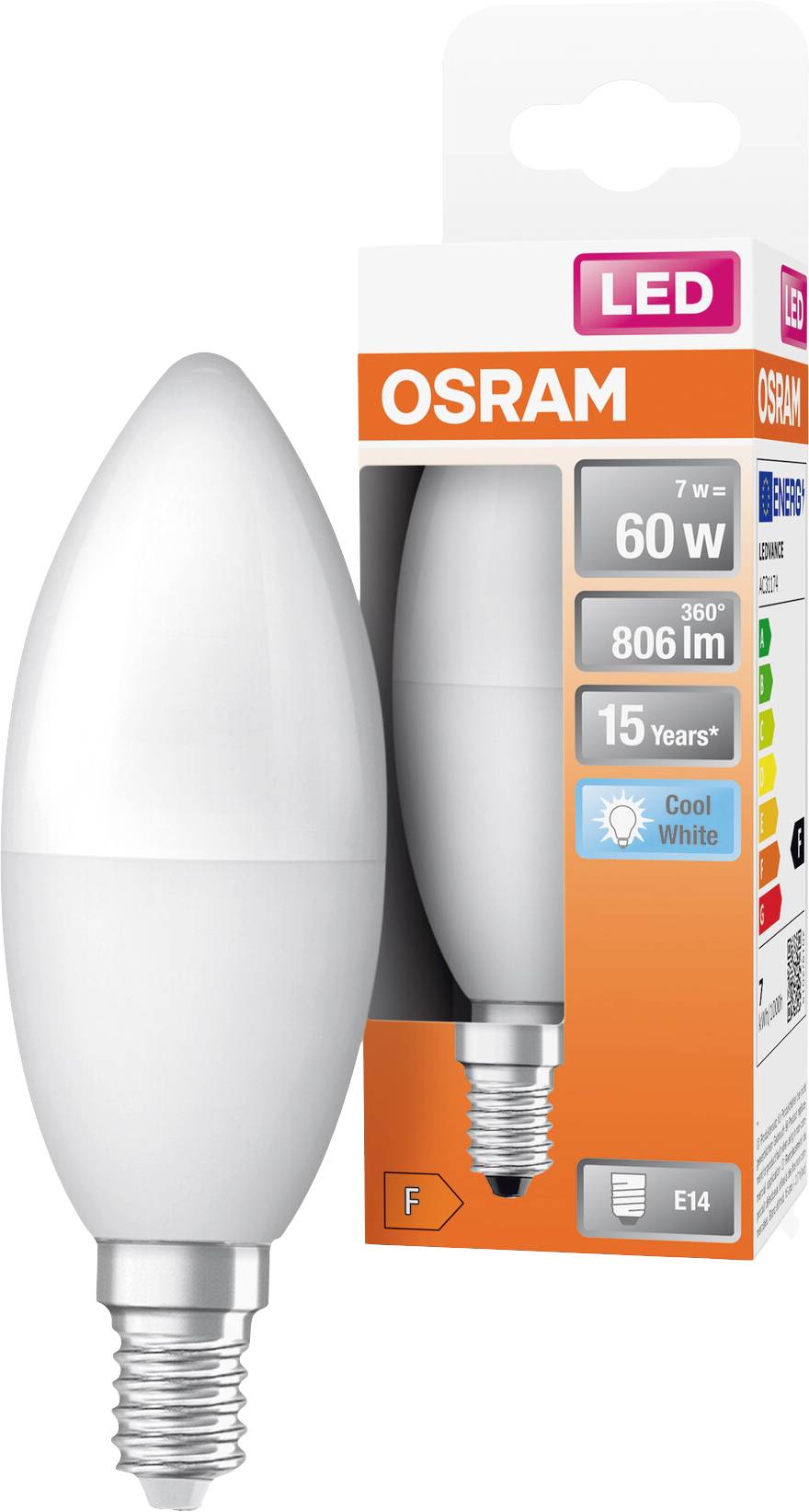 LED žiarovka značky Osram, náhrada 60W za 7W, pätica E14, 806 lumenov, uhol svietenia 360°, studená biela, energetická trieda F. Obal zobrazuje produkt a jeho detaily.
