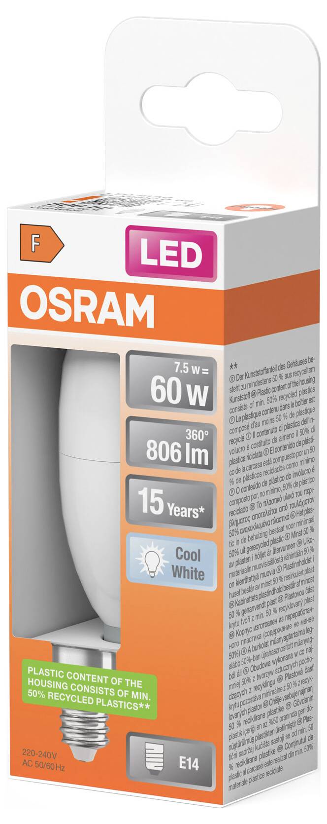 Balík LED žiarovky OSRAM, 7,5W ekvivalent 60W, 806 lm, 15 rokov, chladná biela, pätica E14.