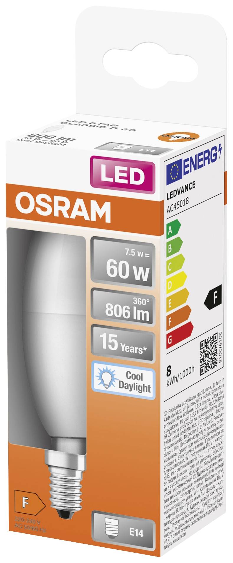 Balenie žiarovky OSRAM: LED, 60W, 806 lúmenov, pätica E14, energetická trieda F, studená denná farba, životnosť 15 rokov.