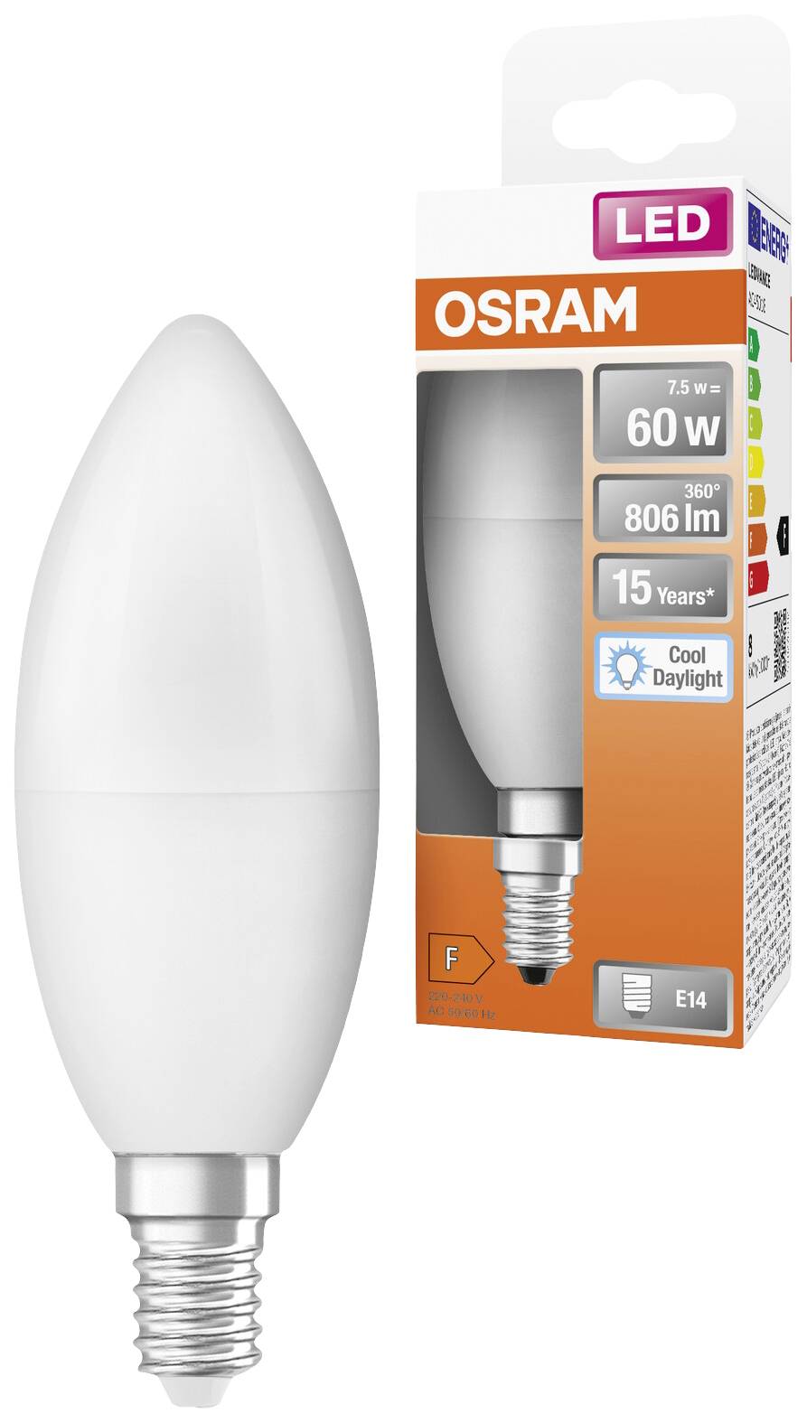 LED žiarovka a jej obal od Osramu, 7,5 W výkon, 806 lúmenov, pätica E14, studené denné svetlo, energetická trieda F.