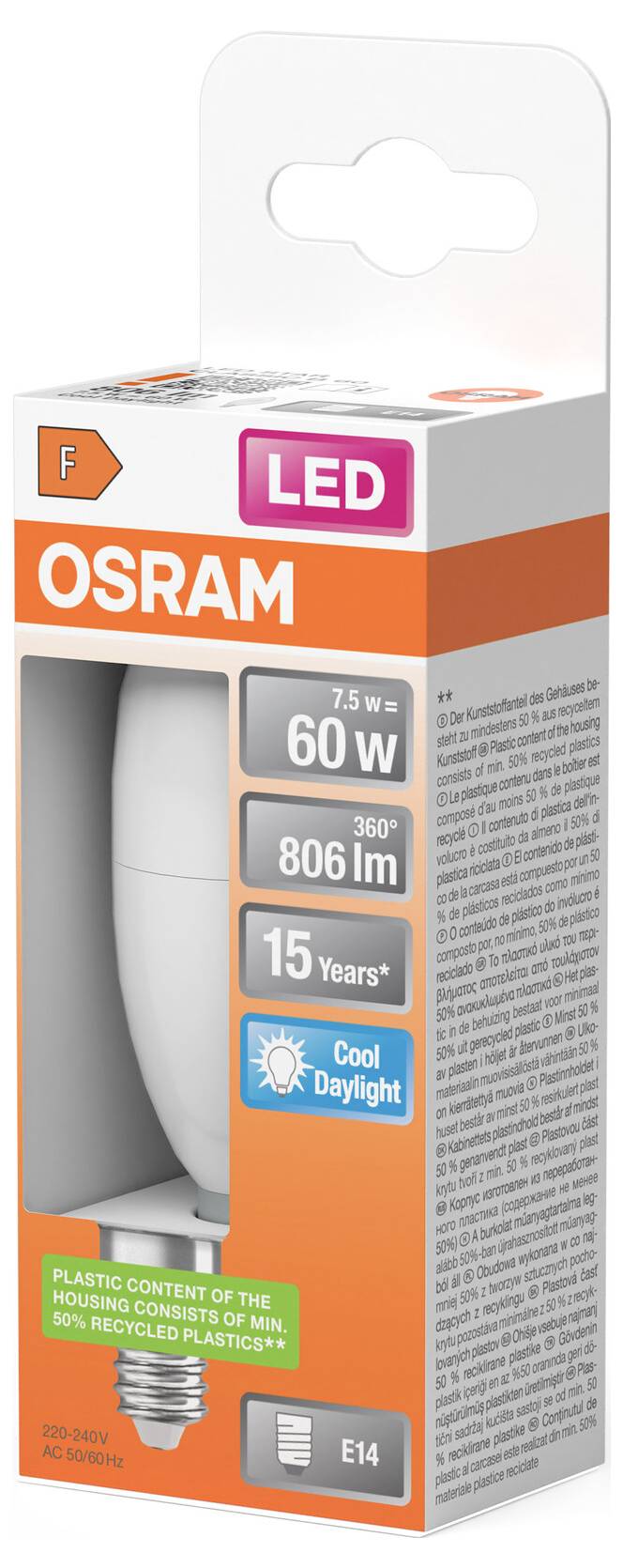 OSRAM LED žiarovka, 7,5W ekvivalent 60W, 806 lm, 15 rokov, studené denné svetlo, pätica E14.