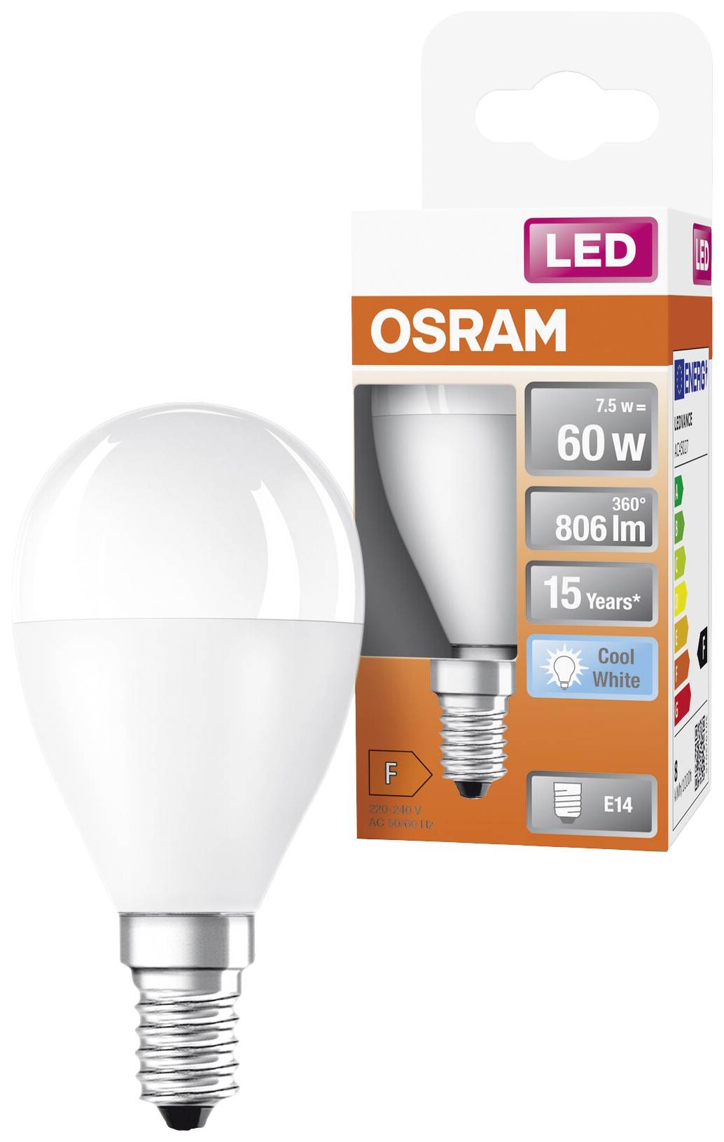 Osram LED žiarovka, 7,5W, E14, 806 lumenov, náhrada za 60W, 360° uhol svetla, životnosť 15 rokov, studená biela, energetická trieda 'F'. Obal zobrazuje obrázok produktu.