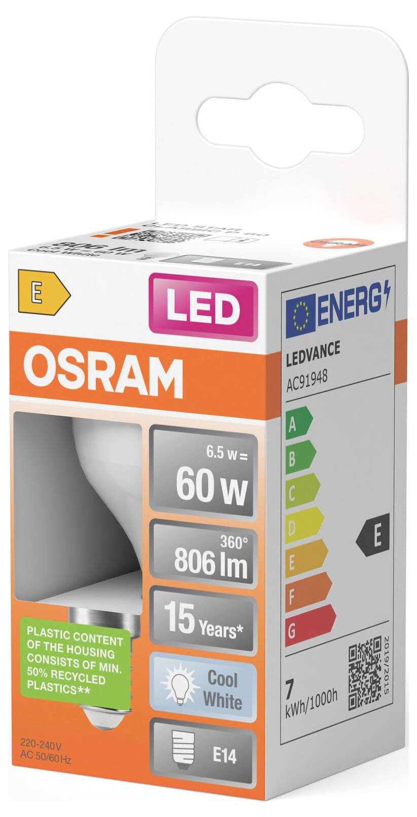 Krabička LED žiarovky OSRAM, ktorá zobrazuje 6,5 W, ekvivalent 60 W, 806 lúmenov, pätica E14, studená biela, 15 rokov a energetický štítok E.