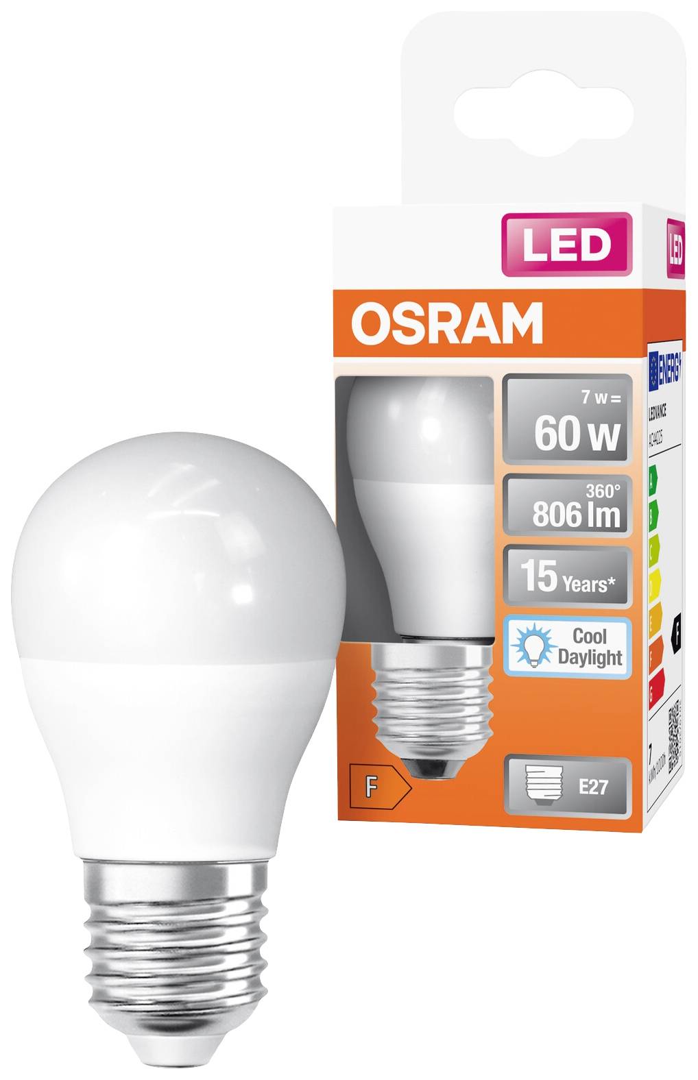 LED žiarovka OSRAM s výkonom 7 W, svetelným tokom 806 lm a životnosťou 15 rokov. Trieda energetickej účinnosti F.