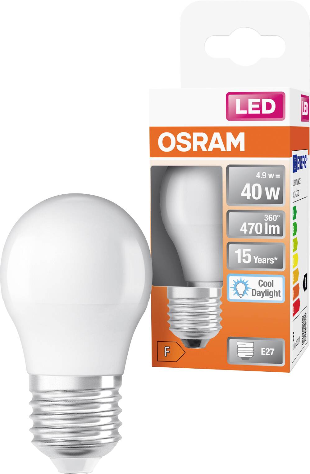 OSRAM LED žiarovka zobrazená s maloobchodným balením, označená 4,9 W, ekvivalent 40 W, 470 lm, 15 rokov, chladné denné svetlo, pätica E27.