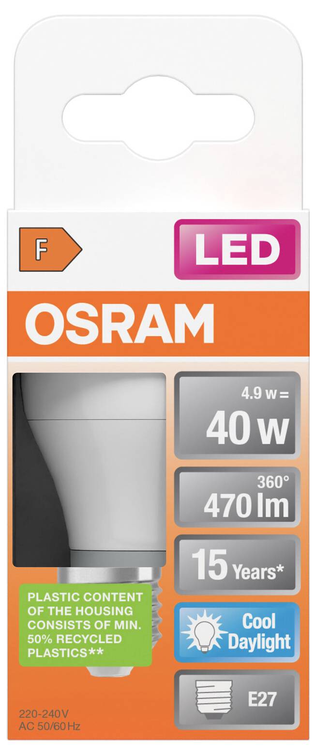 OSRAM LED žiarovka balenie s označením 4,9W, ekvivalent 40W, 470 lm, 15 rokov, Chladné denné svetlo, E27, plastový obsah puzdra sa skladá z minimálne 50% recyklovaných plastov.