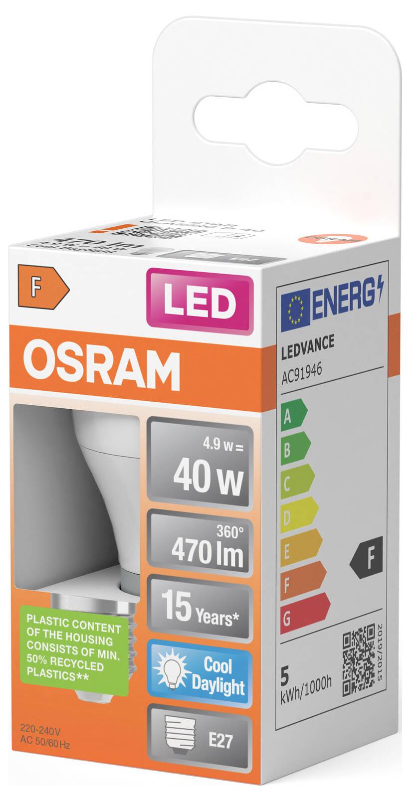Krabica LED žiarovky OSRAM, označená 4,9W, ekvivalent 40W, 470 lm, E27, 15 rokov, chladné denné svetlo, energetická trieda F.