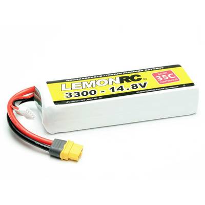 Lítiovo-polymérový akumulátor od LemonRC, 3300 mAh, 14,8 V, vyhotovenie 35C, s červenými, čiernymi a žltými konektormi.
