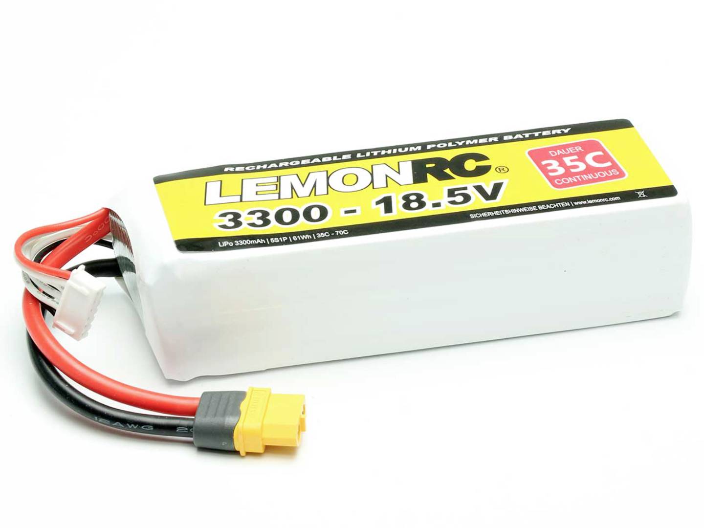 Akumulátor pre diaľkovo ovládané modely, značka LemonRC, 3300mAh, 18,5V, 35C, lítiovo-polymérová technológia. Biela batéria so žltou nálepkou.