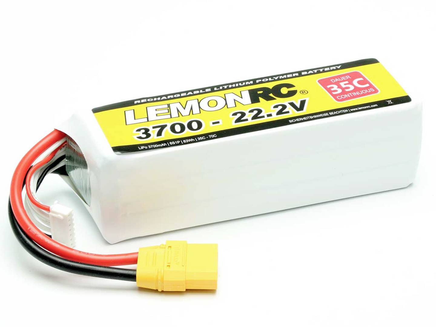 Lítiovo-polymérový akumulátor s nápisom 'LEMONRC 3700 - 22.2V 35C', žltým konektorom a červenými a čiernymi káblami.