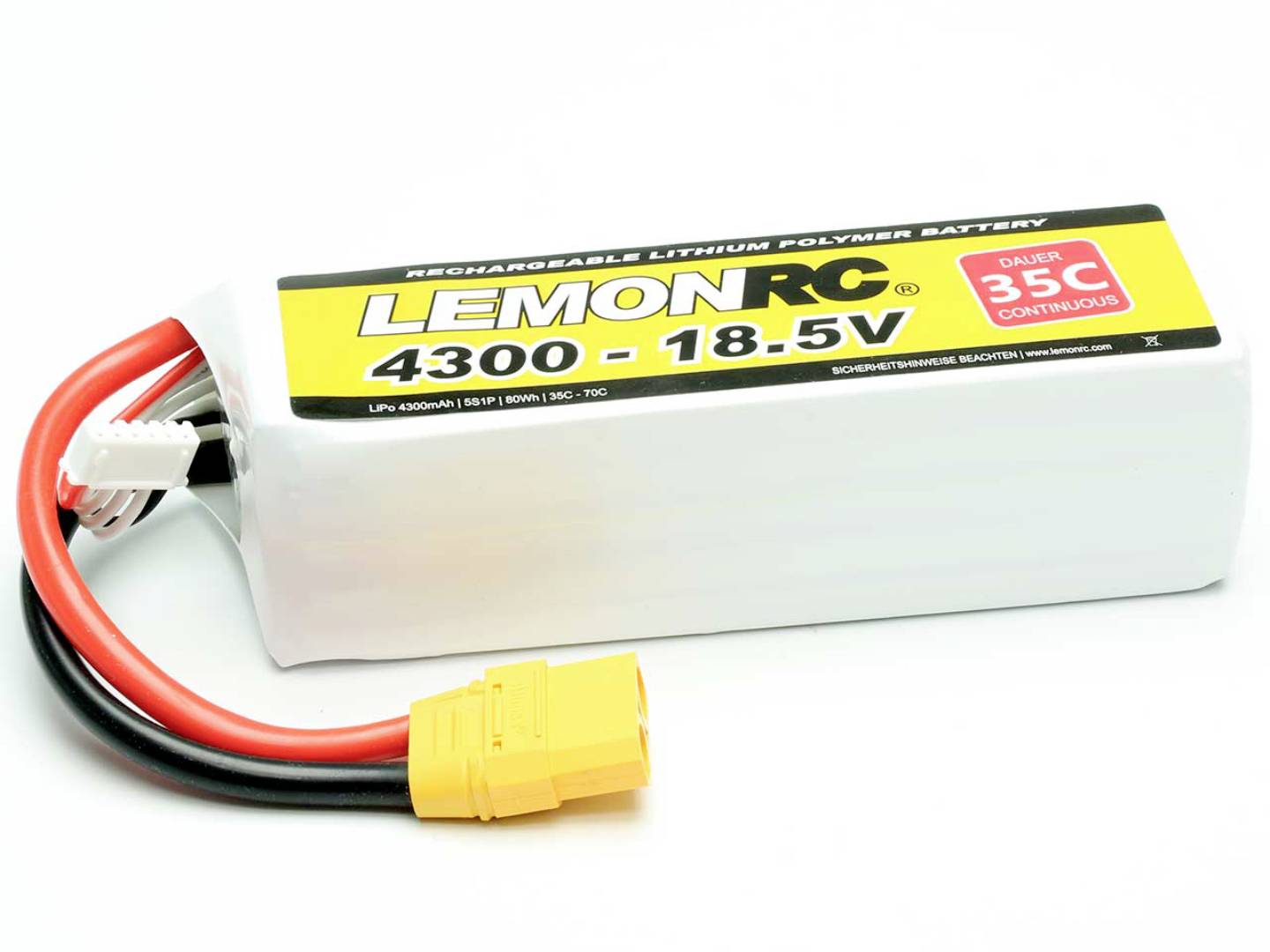 Lítiovo-polymérová batéria so žltým konektorom s nápisom 'LEMONRC 4300 - 18.5V', vhodná pre vysokovýkonnostné aplikácie.