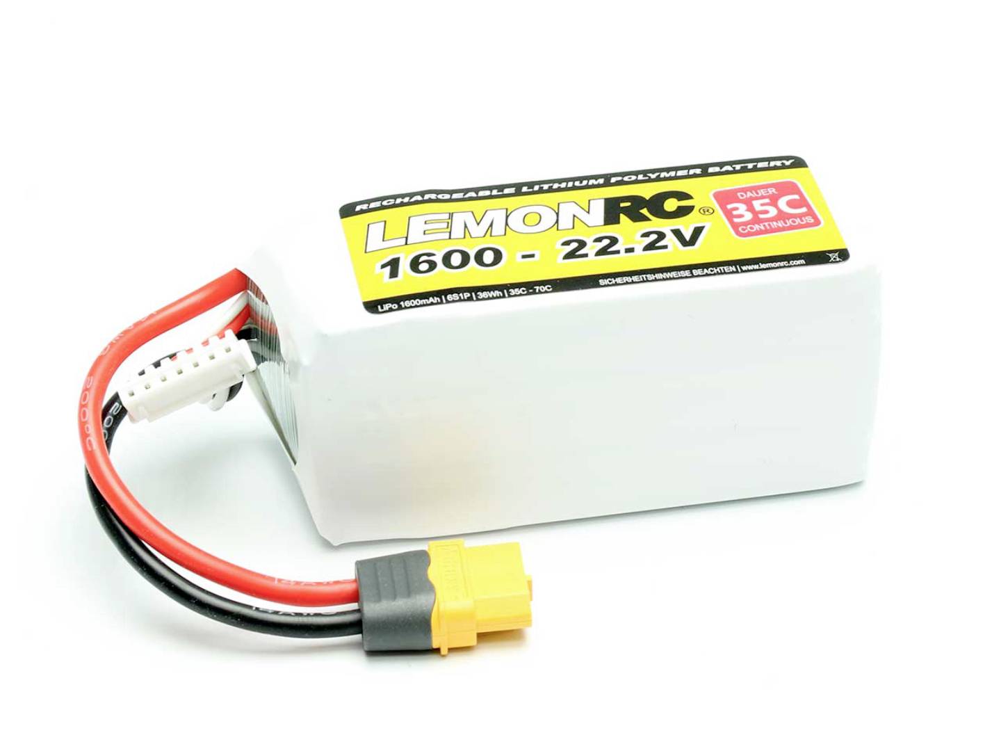 Lítium-polymérová batéria s nápisom 'Lemon RC, 1600mAh, 22.2V, 35C'. Má červené a čierne káble so žltou zástrčkou.