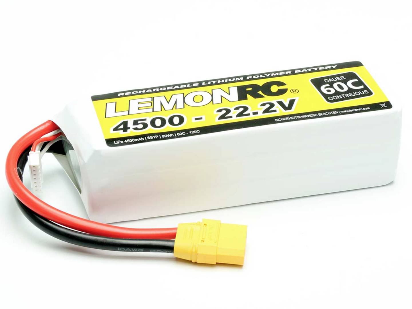 RC Lítiovo-polymérový akumulátor s kapacitou 4500 mAh a napätím 22,2V. Čierna, biela a žltá etiketa s nápisom 'LemonRC' a '60C'.