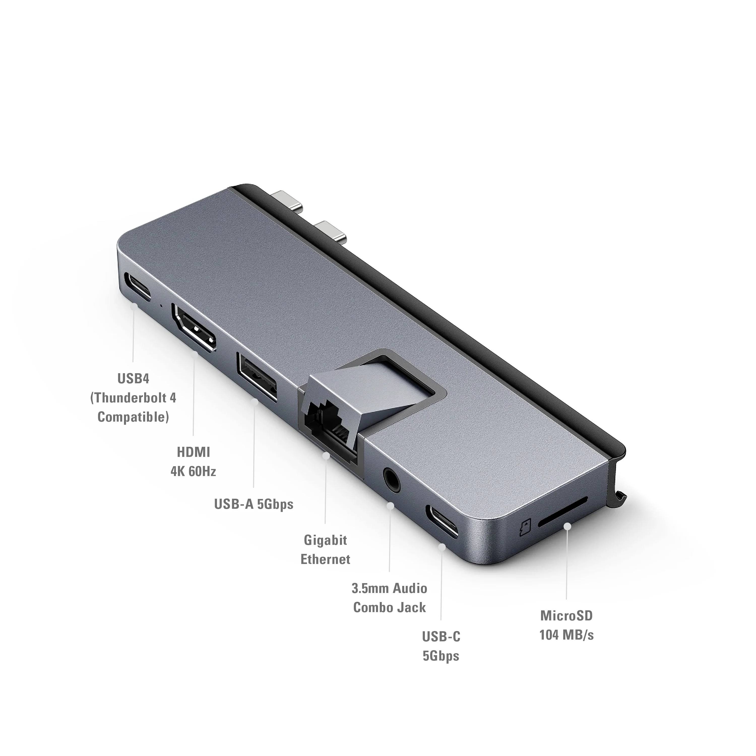 Dokovacia stanica s konektormi: USB4 (Thunderbolt 4), HDMI 4K, USB-A, Gigabitový Ethernet, kombinovaný audio konektor, USB-C, MicroSD.