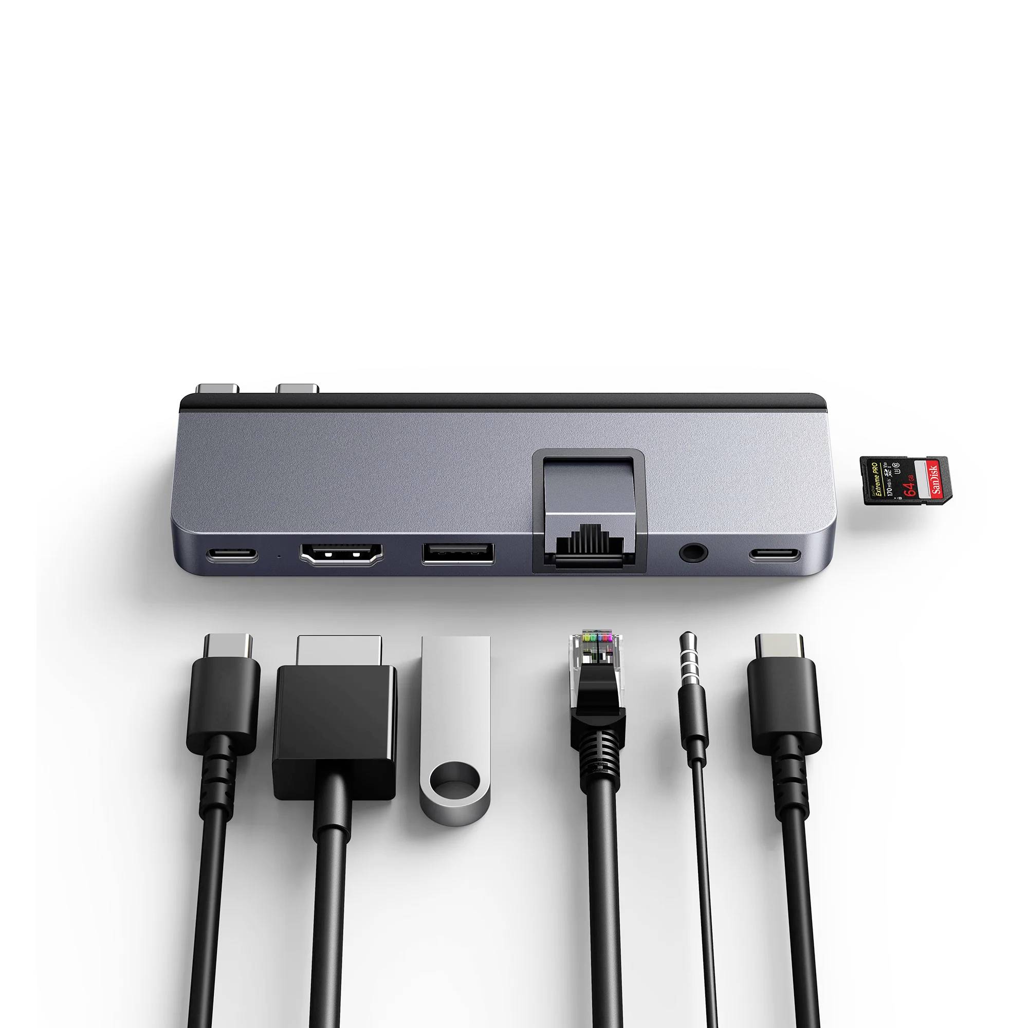 Multportový adaptér s pripojenými káblami: HDMI, USB, Ethernet a čítačka SD kariet, ideálny na rozšírenie možností pripojenia.
