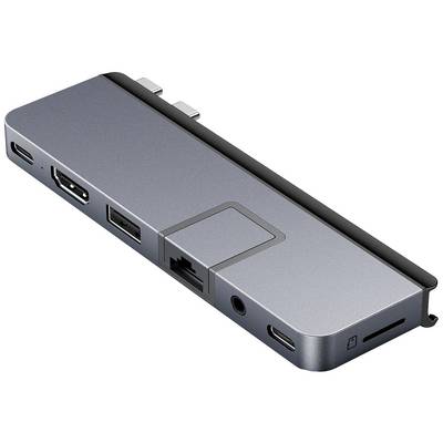 USB-C hub s viacerými portami: HDMI, dva USB porty, Ethernet, audio a čítačka SD kariet, určený na pripojenie zariadení.