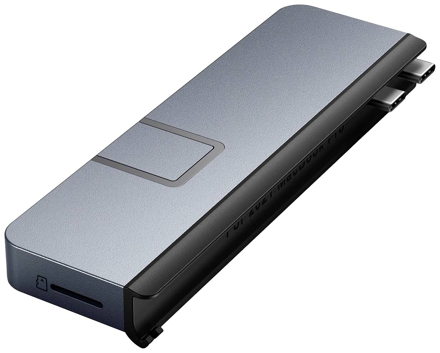 Sivý USB-C hub s viacerými portami, vrátane USB, HDMI a čítačky SD kariet, určený na pripojenie viacerých zariadení.