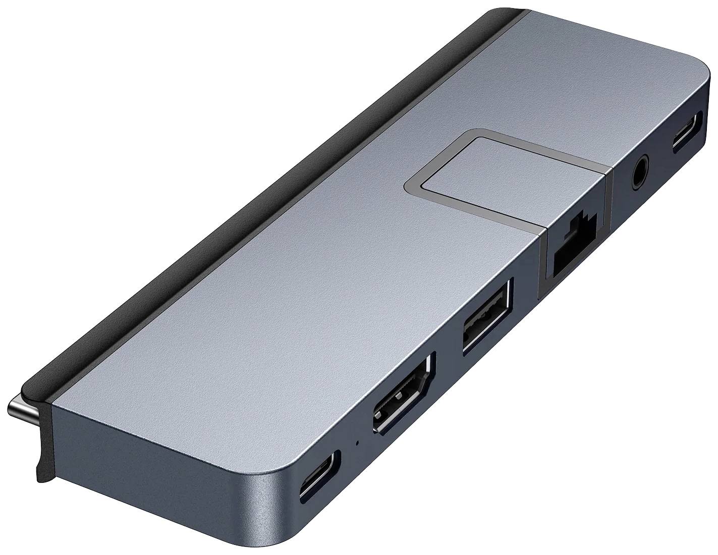 Šedý multifunkčný adaptér s viacerými portami vrátane USB-C, HDMI, USB-A a ethernetového konektora.