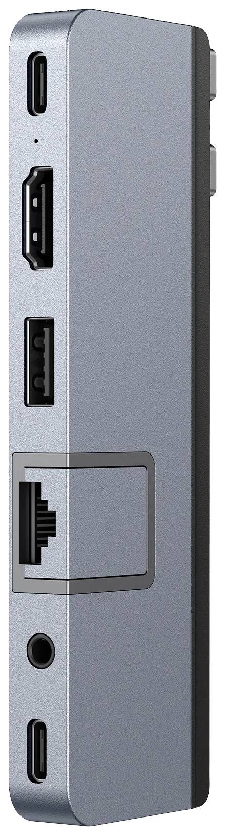 Štíhly sivý adaptér s viacerými portami vrátane USB-C, HDMI, USB-A a Ethernet, určený na pripojenie rôznych zariadení.
