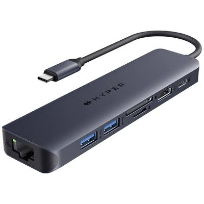 Štíhly USB-C hub s viacerými portami vrátane USB, Ethernetu, HDMI a čítačky kariet pre rozšírenú konektivitu.