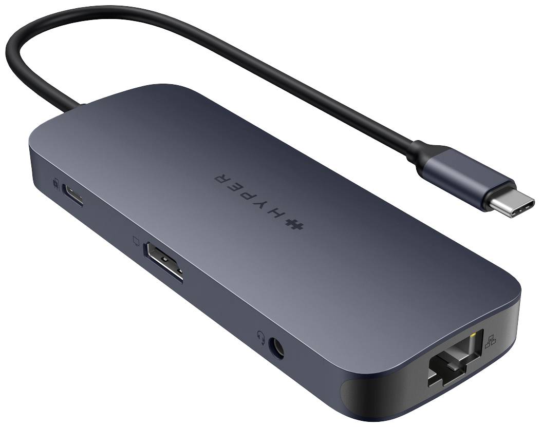 USB-C hub s viacerými portami vrátane HDMI, Ethernetu, USB a Audio. Kábel je pripevnený na jednom konci.