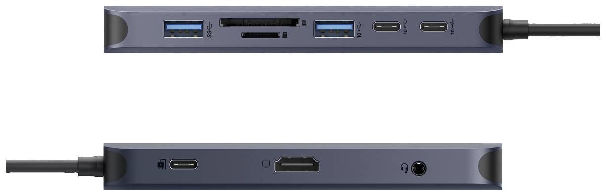Tenký, obdĺžnikový USB-C hub s rôznymi možnosťami pripojenia vrátane USB-A portov, HDMI, čítačky SD kariet a audio výstupu.